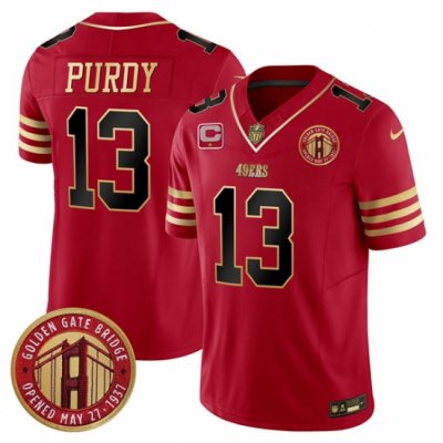 Men San Francisco 49ers 13 Brock Purdy Red F U S E  Golden Gate Bridge With 1 Star C Patch Balck Scarlet Vapor Limited Stitched Football Jersey