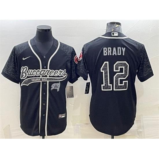 Men Tampa Bay Buccaneers 12 Tom Brady Black Reflective With Patch Cool Base Stitched Baseball Jersey