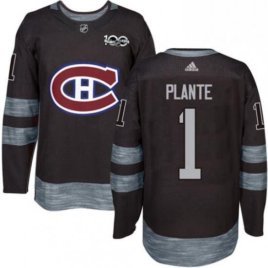 Mens Adidas Montreal Canadiens 1 Jacques Plante Authentic Black 1917 2017 100th Anniversary NHL Jersey