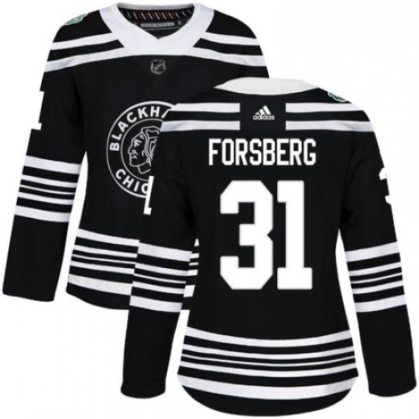 Womens Adidas Chicago Blackhawks 31 Anton Forsberg Authentic Black 2019 Winter Classic NHL Jersey