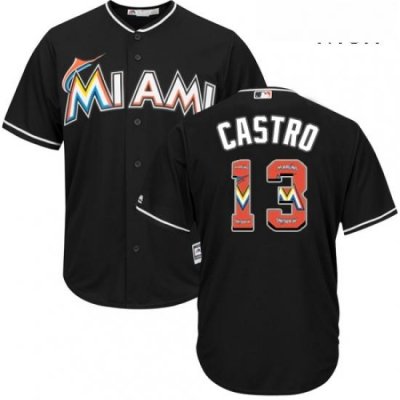 Mens Majestic Miami Marlins 13 Starlin Castro Authentic Black Team Logo Fashion Cool Base MLB Jersey