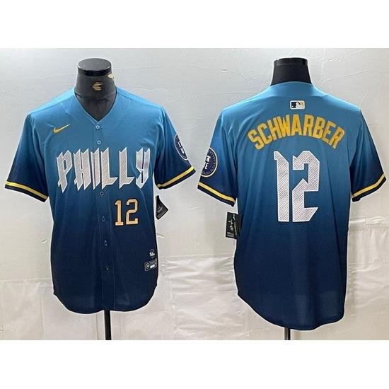 Men Philadelphia Phillies 12 Kyle SchWarber Blue 2024 City Connect Limited Stitched Jersey 3