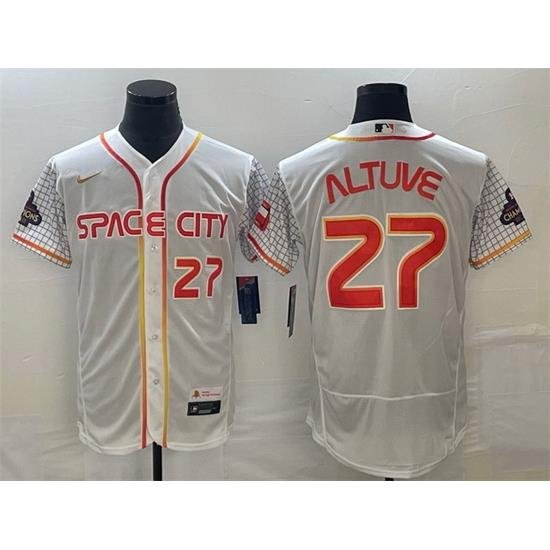 Men Houston Astros 27 Jose Altuve White With 2022 World Serise Champions Patch Stitched Baseball Jersey