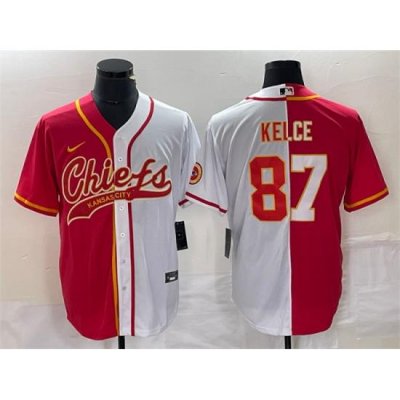 Men Kansas City Chiefs 87 Travis Kelce Red White Split Cool Base Stitched Baseball Jersey