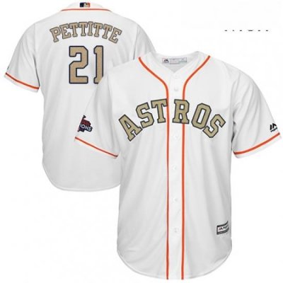 Mens Majestic Houston Astros 21 Andy Pettitte Replica White 2018 Gold Program Cool Base MLB Jersey