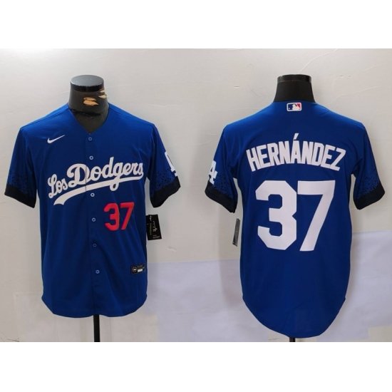 Men Los Angeles Dodgers 37 Teoscar Hernandez Blue Cool Base Stitched Baseball Jersey 3