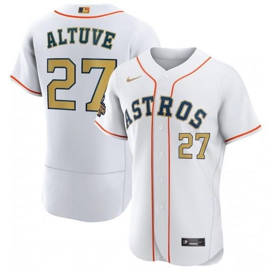 Men Houston Astros 27 Jose Altuve White 2023 Gold Collection With World Serise Champions Patch Stitched Baseball Jersey