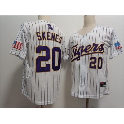 Men LSU Tigers #20 Paul Skenes White Strips Baseball Stitched NCAA Jersey