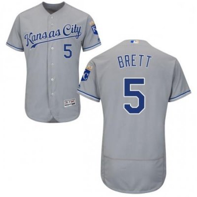 Mens Majestic Kansas City Royals 5 George Brett Grey Road Flex Base Authentic Collection MLB Jersey