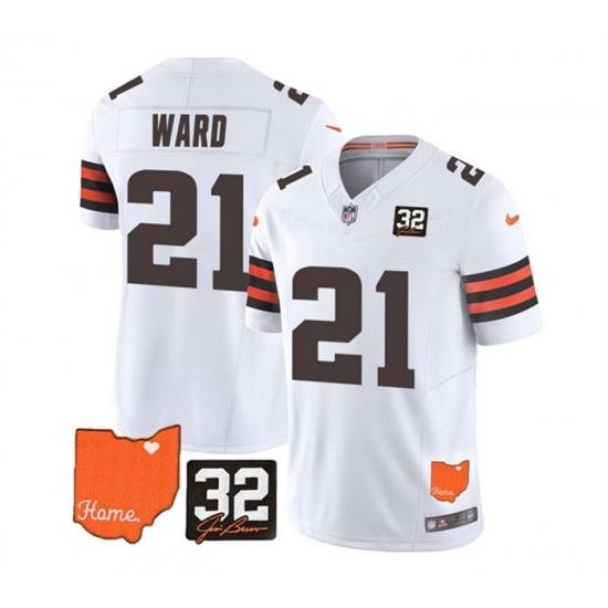 Men Cleveland Browns 21 Denzel Ward White 2023 F U S E  With Jim Brown Memorial Patch Vapor Untouchable Limited Stitched Jersey