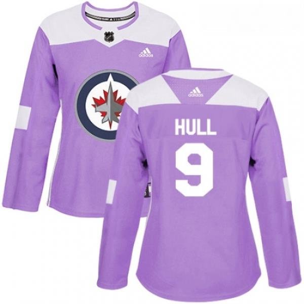 Womens Adidas Winnipeg Jets 9 Bobby Hull Authentic Purple Fights Cancer Practice NHL Jersey