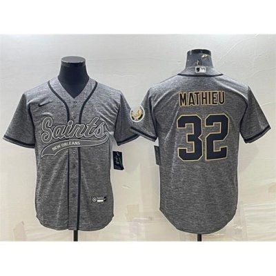 Men New Orleans Saints 32 Tyrann Mathieu Grey With Patch Cool Base Stitched Baseball Jersey