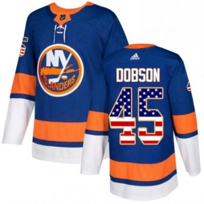 Mens Adidas New York Islanders 45 Noah Dobson Authentic Royal Blue USA Flag Fashion NHL Jersey