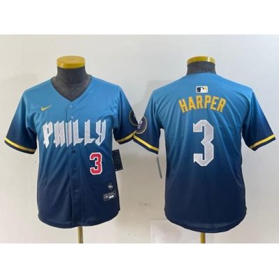 Youth Philadelphia Phillies 3 Bryce Harper Blue 2024 City Connect Limited Stitched Jersey