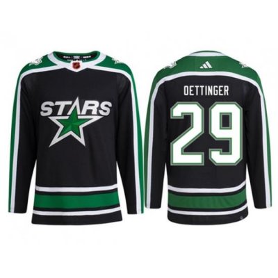 Men Dallas Stars 29 Jake Oettinger Black 2022 23 Reverse Retro Stitched Jersey