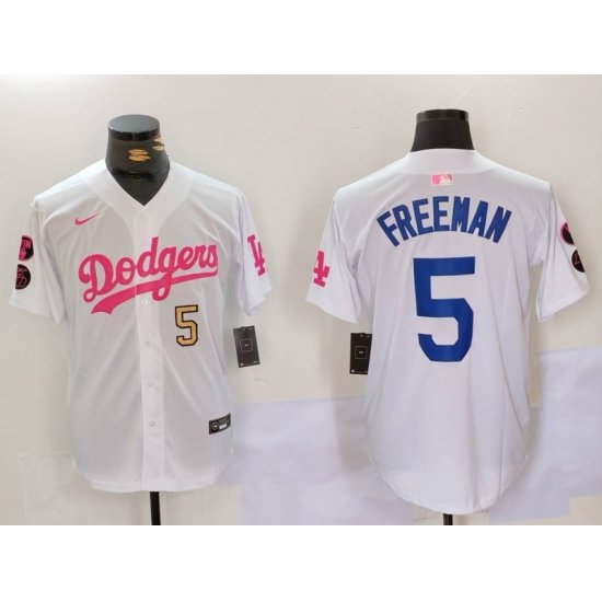 Men Los Angeles Dodgers 5 Freddie Freeman White Pink Vin  26 Kobe Patch Stitched Baseball Jersey 8