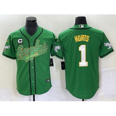 Men Philadelphia Eagles 1 Jalen Hurts Green With C Patch Cool Base Stitched Baseball Jersey