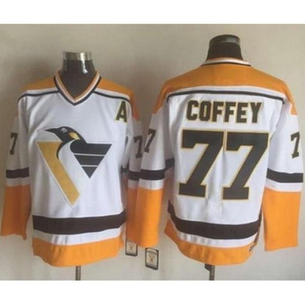 Penguins #77 Paul Coffey WhiteYellow CCM Throwback Stitched NHL Jersey