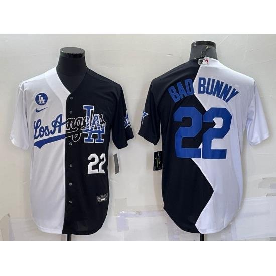 Men Los Angeles Dodgers 22 Bad Bunny 2022 All Star White Black Split Cool Base Stitched Baseball Jerseys