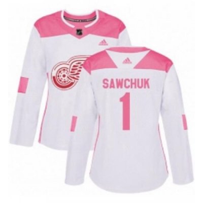 Womens Adidas Detroit Red Wings 1 Terry Sawchuk Authentic WhitePink Fashion NHL Jersey