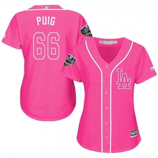 Womens Majestic Los Angeles Dodgers 66 Yasiel Puig Authentic Pink Fashion Cool Base 2018 World Series MLB Jersey