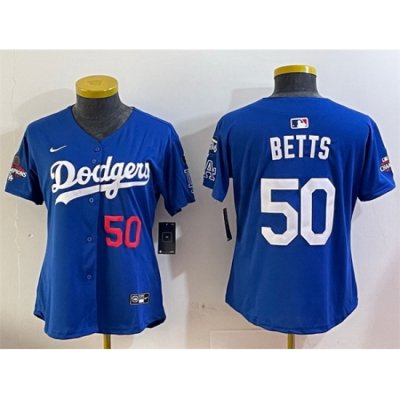 Women Los Angeles Dodgers 50 Mookie Betts Royal 2024 World Series Champions With Fernando Memorial Patch Alternate Limited Stitched Baseball Jersey 28Run S