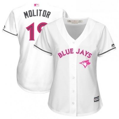 Womens Majestic Toronto Blue Jays 19 Paul Molitor Authentic White Mothers Day Cool Base MLB Jersey