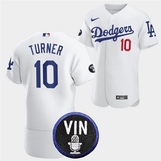 Men Los Angeles Dodgers 10 Justin Turner 2022 White Vin Scully Patch Flex Base Stitched Baseball Jersey