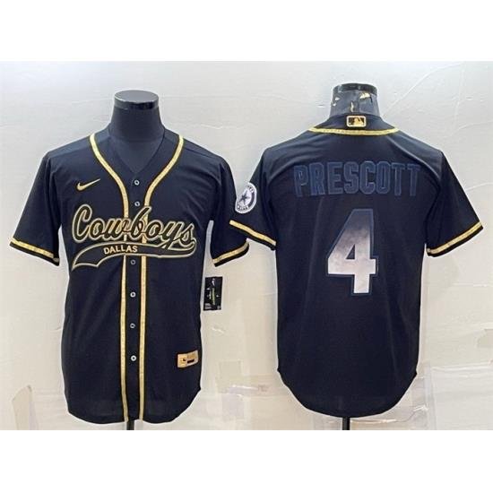 Men Dallas Cowboys 4 Dak Prescott Black Gold With Patch Cool Base Stitched Baseball Jersey