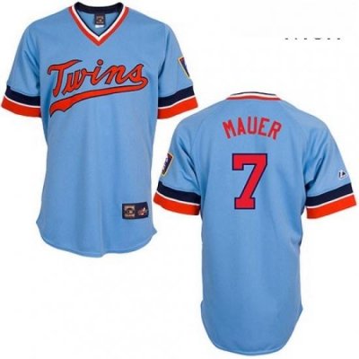 Mens Majestic Minnesota Twins 7 Joe Mauer Authentic Light Blue Cooperstown Throwback MLB Jersey