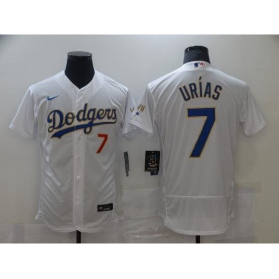 Men Los Angeles Dodgers Julio Urias 7 Championship Gold Trim White Limited All Stitched Flex Base Jersey