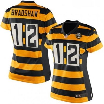 Womens Nike Pittsburgh Steelers 12 Terry BradshaW Elite YelloWBlack Alternate 80TH Anniversary ThroWback NFL Jersey