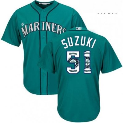 Mens Majestic Seattle Mariners 51 Ichiro Suzuki Authentic Teal Green Team Logo Fashion Cool Base MLB Jersey