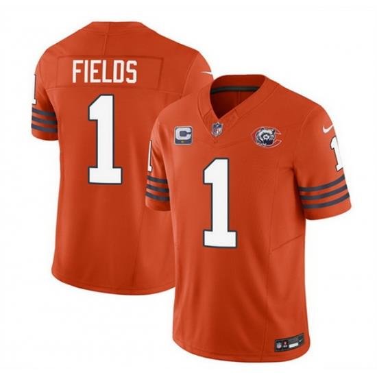 Men Chicago Bears 1 Justin Fields Orange 2023 F U S E  With 1 Star C Patch Throwback Limited Stitched Football Jersey