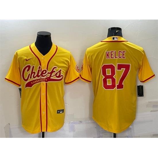 Men Kansas City Chiefs 87 Travis Kelce Gold With Patch Cool Base Stitched Baseball Jersey