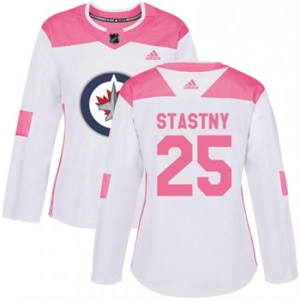 Womens Adidas Winnipeg Jets 25 Paul Stastny Authentic White Pink Fashion NHL Jersey