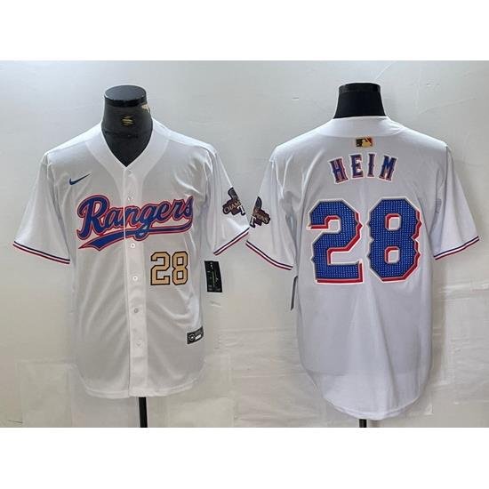 Men Texas Rangers 28 Jonah Heim White Gold Cool Base Stitched Baseball Jersey 4