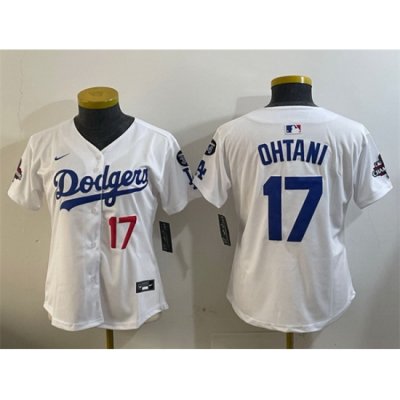 Women Los Angeles Dodgers 17 Shohei Ohtani White 2024 World Series Champions With Fernando Memorial Patch Home Limited Stitched Baseball Jersey 28Run Small