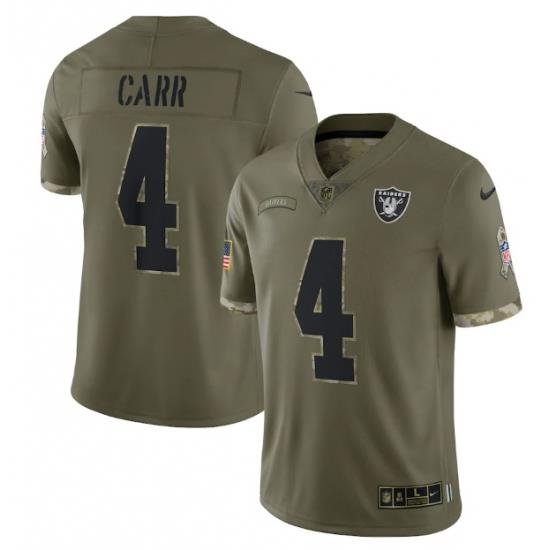 Men Las Vegas Raiders 4 Derek Carr Olive 2022 Salute To Service Limited Stitched Jersey