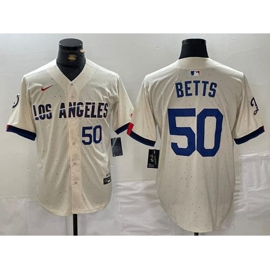 Men Los Angeles Dodgers 50 Mookie Betts Cream Stitched Baseball Jersey 4