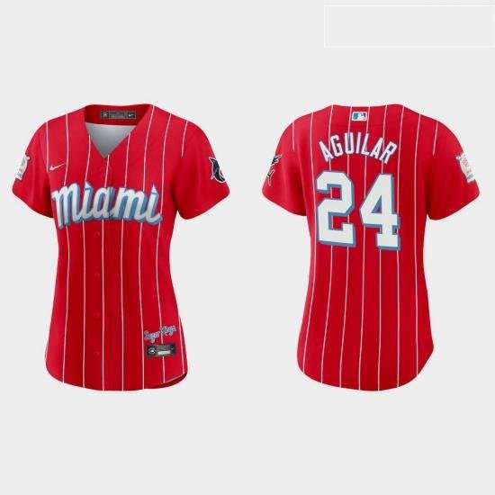 Miami Marlins 24 Jesus Aguilar Women Nike 2021 City Connect Authentic MLB Jersey Red