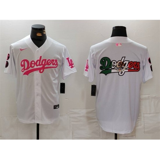 Men Los Angeles Dodgers Team Big Logo White Pink Vin  26 Kobe Patch Stitched Baseball Jersey 2