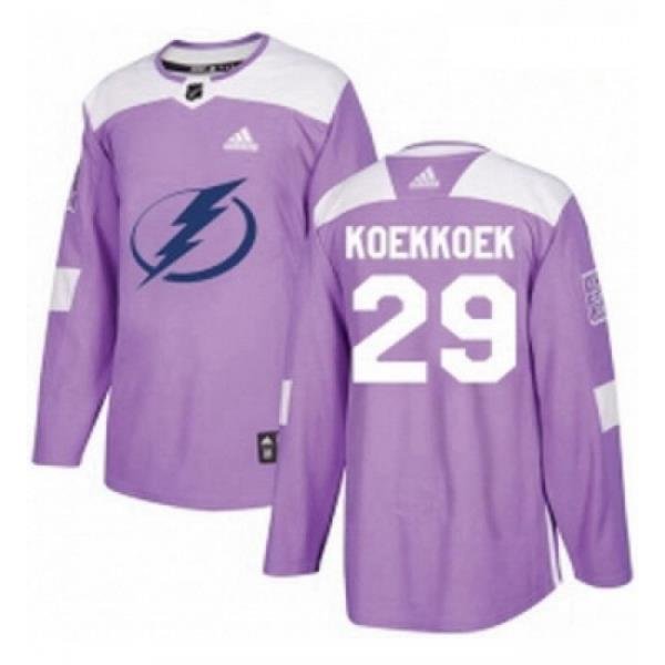 Youth Adidas Tampa Bay Lightning 29 Slater Koekkoek Authentic Purple Fights Cancer Practice NHL Jersey