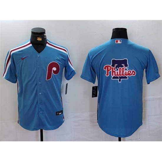 Men Philadelphia Phillies Team Big Logo Blue Cool Base Stitched Jersey 1