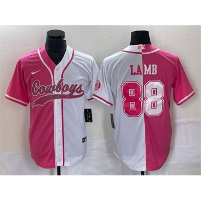 Men Dallas Cowboys 88 CeeDee Lamb Pink White Split Cool Base Stitched Baseball Jersey