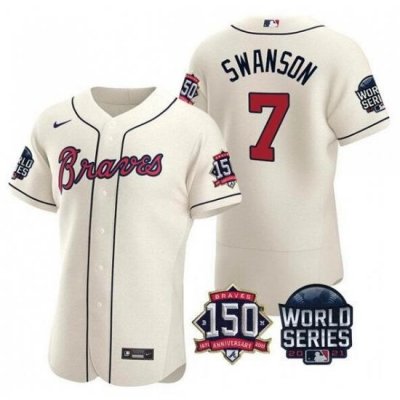 Men Atlanta Braves 7 Dansby SWanson 2021 Cream World Series With 150th Anniversary Patch Stitched Baseball Jersey