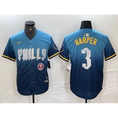 Men Philadelphia Phillies 3 Bryce Harper Blue 2024 City Connect Limited Stitched Jersey 3