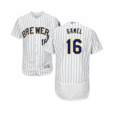 Mens Milwaukee Brewers 16 Ben Gamel White Home Flex Base Authentic Collection Baseball Jersey