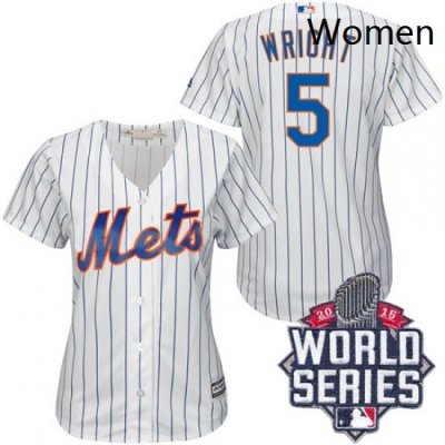 Womens Majestic New York Mets 5 David Wright Authentic WhiteBlue Strip 2015 World Series MLB Jersey