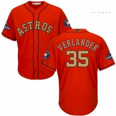 Mens Majestic Houston Astros 35 Justin Verlander Replica Orange Alternate 2018 Gold Program Cool Base MLB Jersey